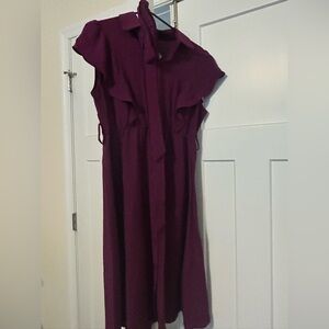 NWT BloomChic Solid Belted Ruffle Trim Shirt Collar Dress - Red Violet